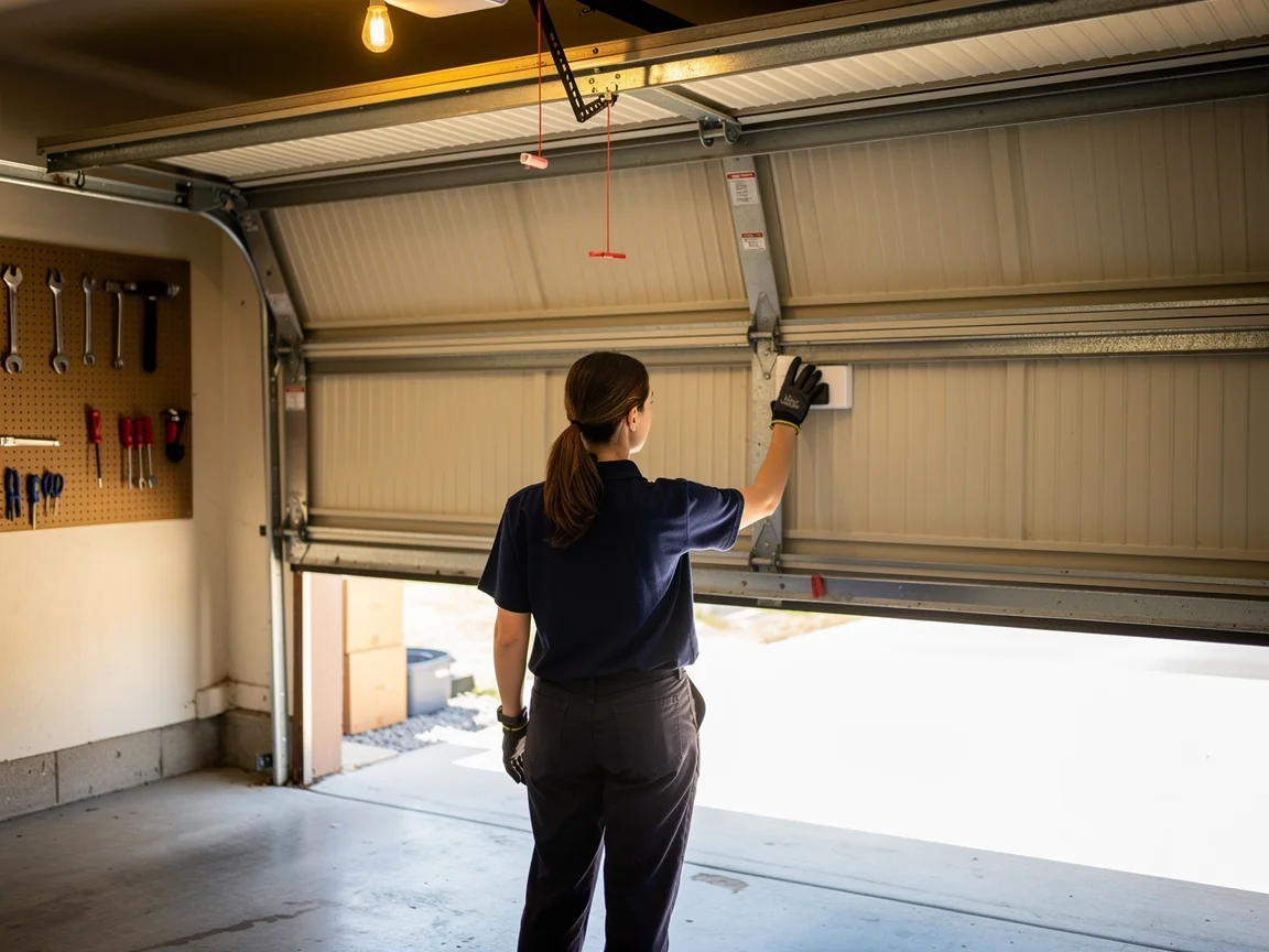 A technician in a blue shirt and gloves adjusts a beige garage door.